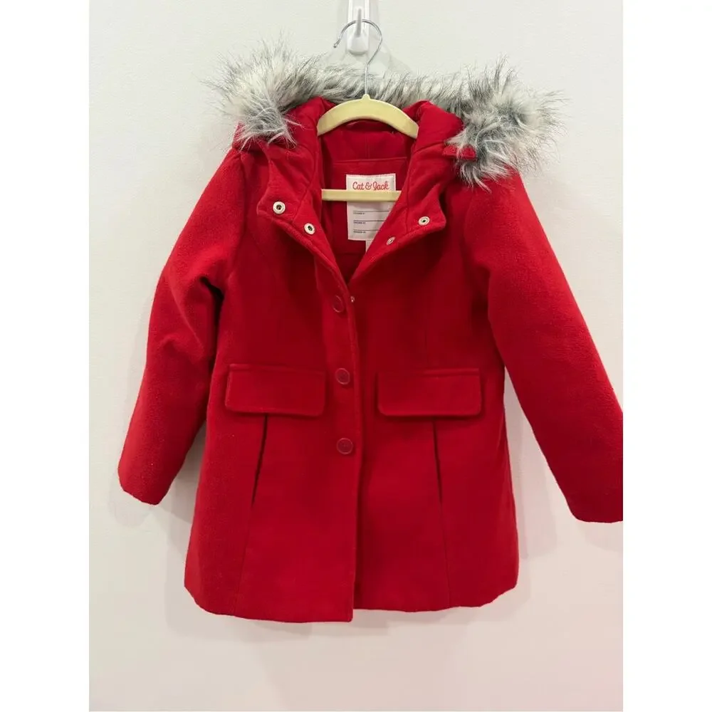 Cat & Jack Bright Red Hooded Pea Coat with Faux Fur Trim 5T kids